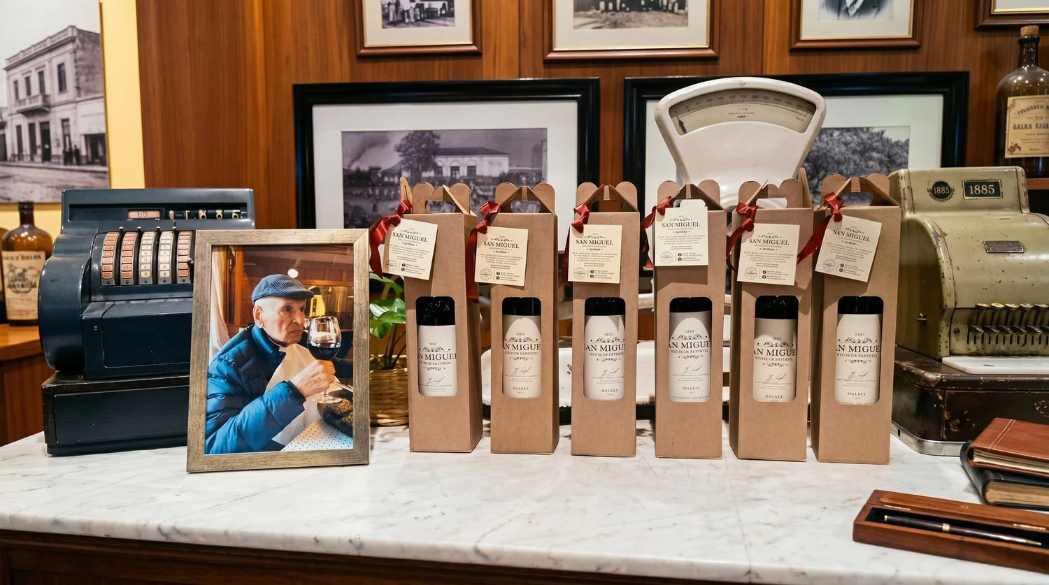 Mostrador del Bar San Miguel con los vinos de la casa, la balanza antigua y el retrato de Don Ramón