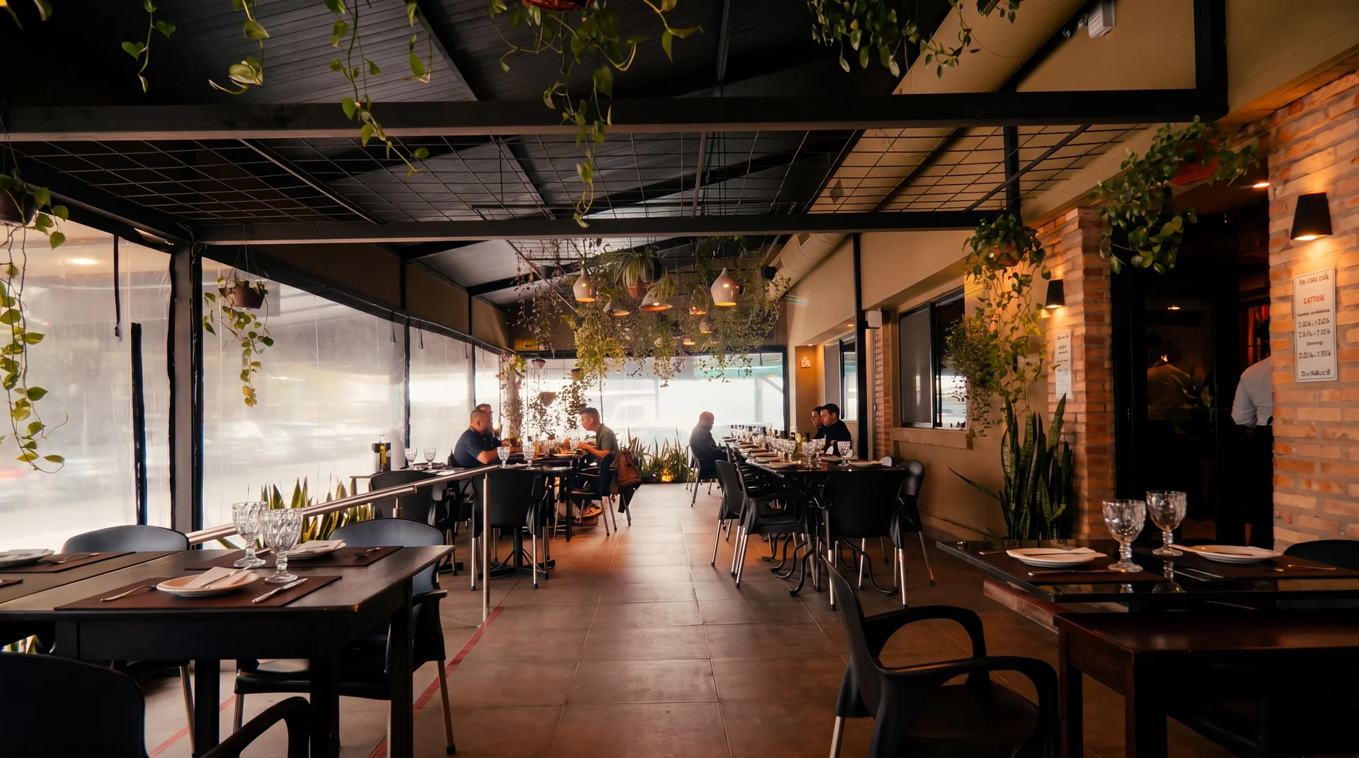 Galería del Bar San Miguel al atardecer, con las mesas servidas entre plantas